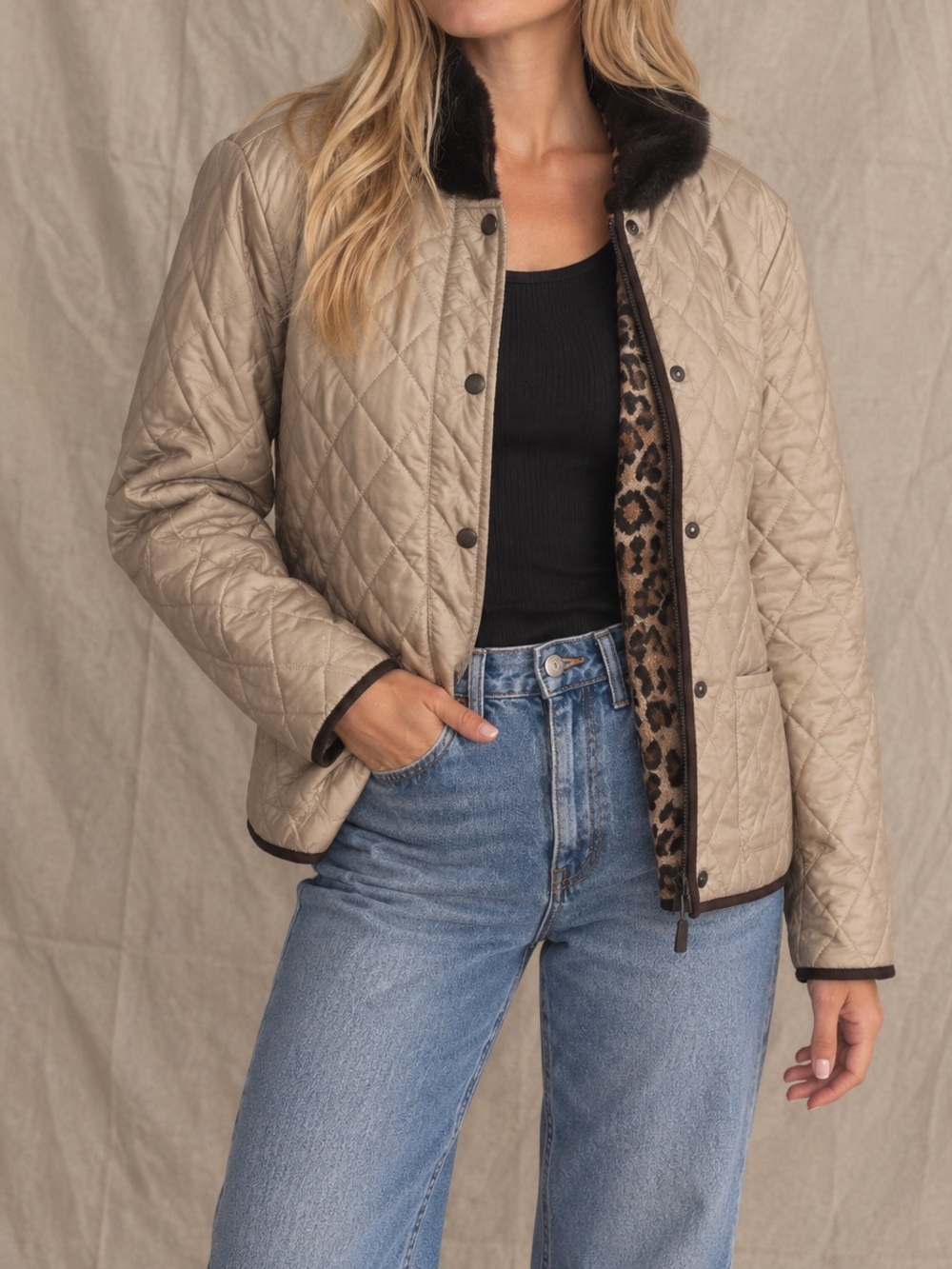 Vintage Charter Club Gold Quilted Jacket Faux Fur Cheetah Lining Petite L